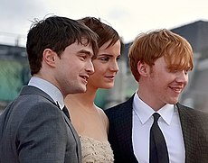 Radcliffe, Watson e Grint na estreia londrina de Harry Potter e as Relíquias da Morte - Parte 2, em julho de 2011.